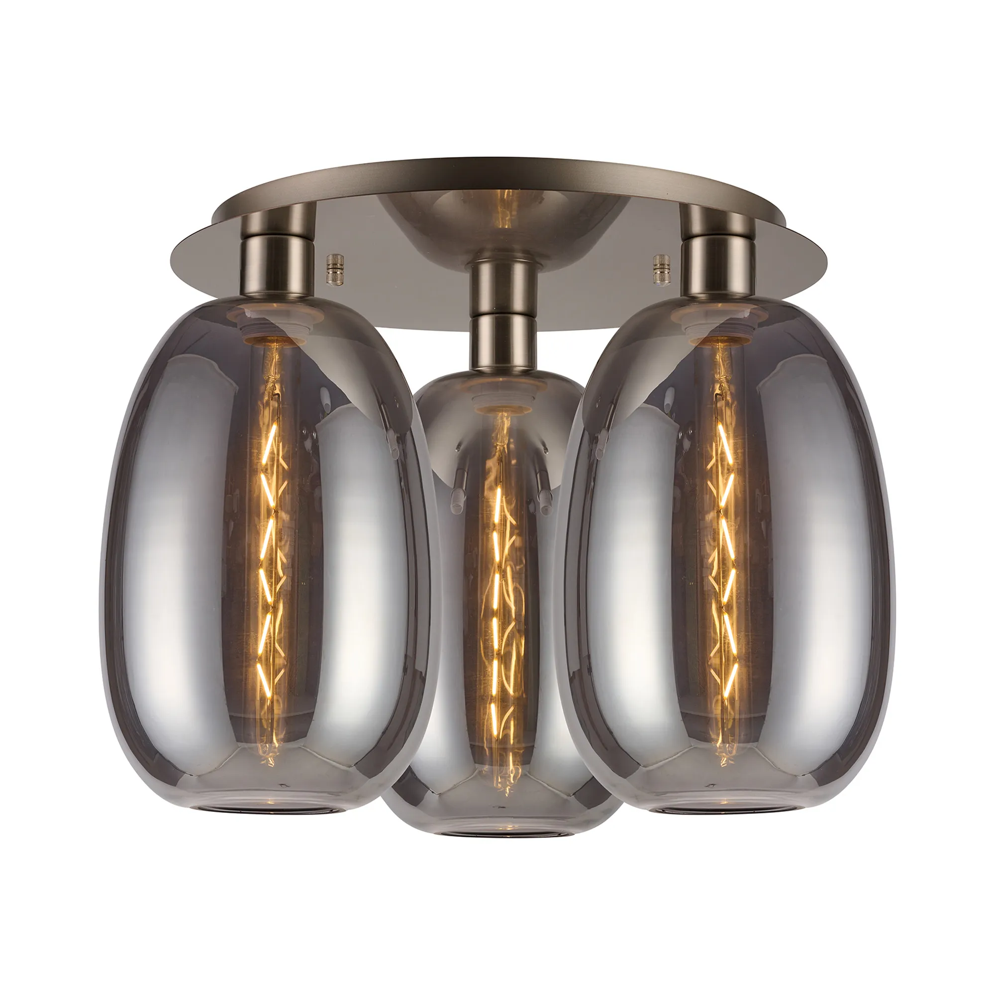 DK1426  Lori 40cm Round Ceiling Flush, 3 Light Flush Fitting, Satin Nickel/Smoke Slim Curved Trapezium Shades